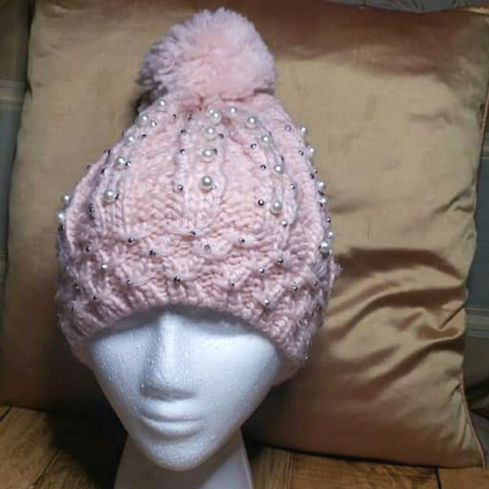 Winter Beany light pink with pearl & rhinestones has warm fabric inside